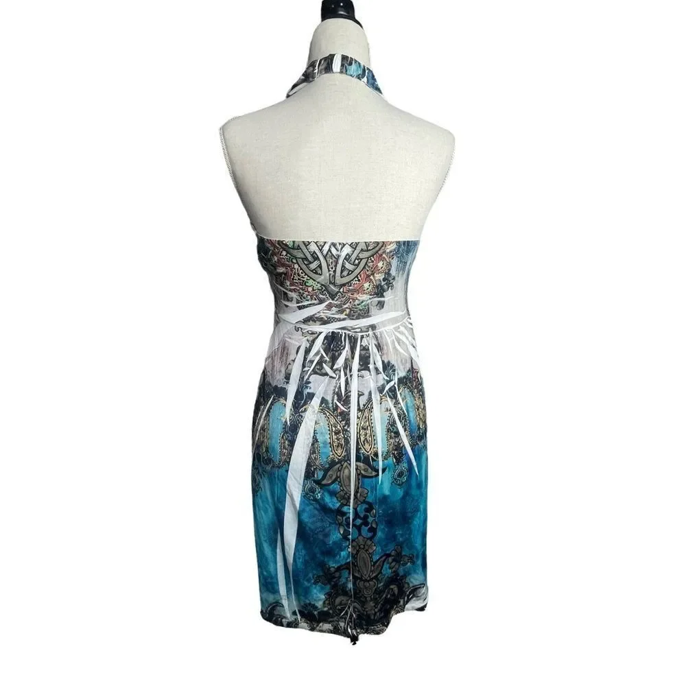 Cristinalove Blue White Gold Halter graphic paisley tie dye Mini Dress size L